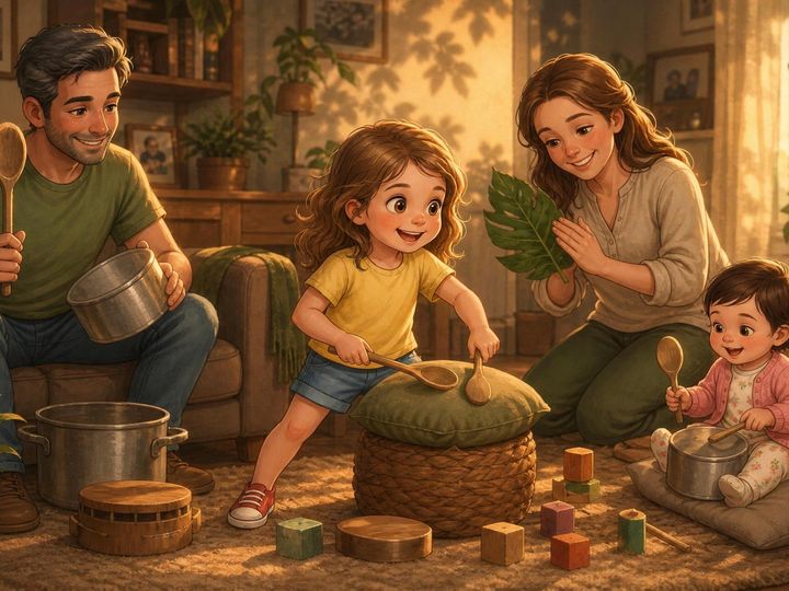 Papa met een pan en mama met een houten lepel drummen mee, Ada en baby Serra ook